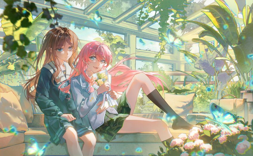 2girls bag bang_dream! bang_dream!_it&#039;s_mygo!!!!! black_socks blue_eyes blue_shirt blue_skirt brown_hair bug butterfly cang_(akaga204) chihaya_anon chinese_commentary closed_mouth commentary_request floating_hair green_skirt grey_jacket grey_neckerchief hair_between_eyes haneoka_school_uniform highres indoors insect jacket kneehighs long_hair multiple_girls nagasaki_soyo neckerchief no_shoes open_mouth pink_hair plaid_clothes plaid_skirt plant pleated_skirt school_uniform shirt sidelocks skirt socks teeth tsukinomori_school_uniform upper_teeth_only yuri