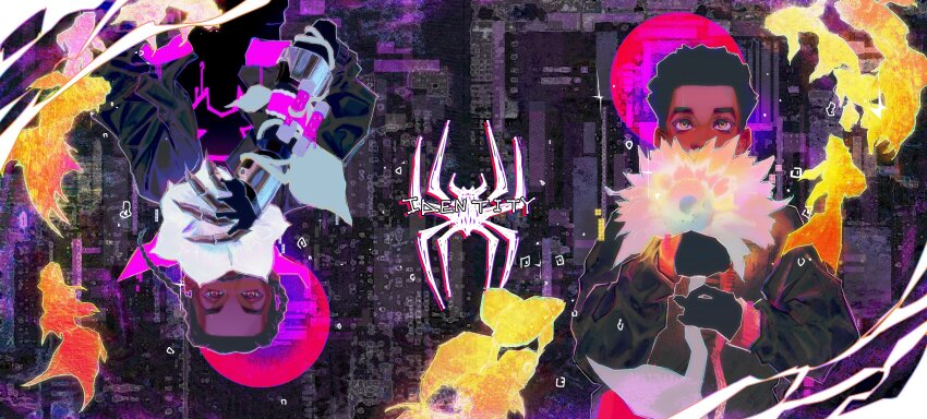 2boys absurdres black_hair bodysuit bodysuit_under_clothes clawed_gauntlets coat dark-skinned_male dark_skin dreadlocks dual_persona fish flower glowing_flower highres jacket looking_at_viewer marvel miles_g._morales miles_morales multiple_boys prowler_(marvel) rrafry spider-man:_across_the_spider-verse spider-man_(miles_morales) spider-man_(series) spider-verse upper_body upside-down