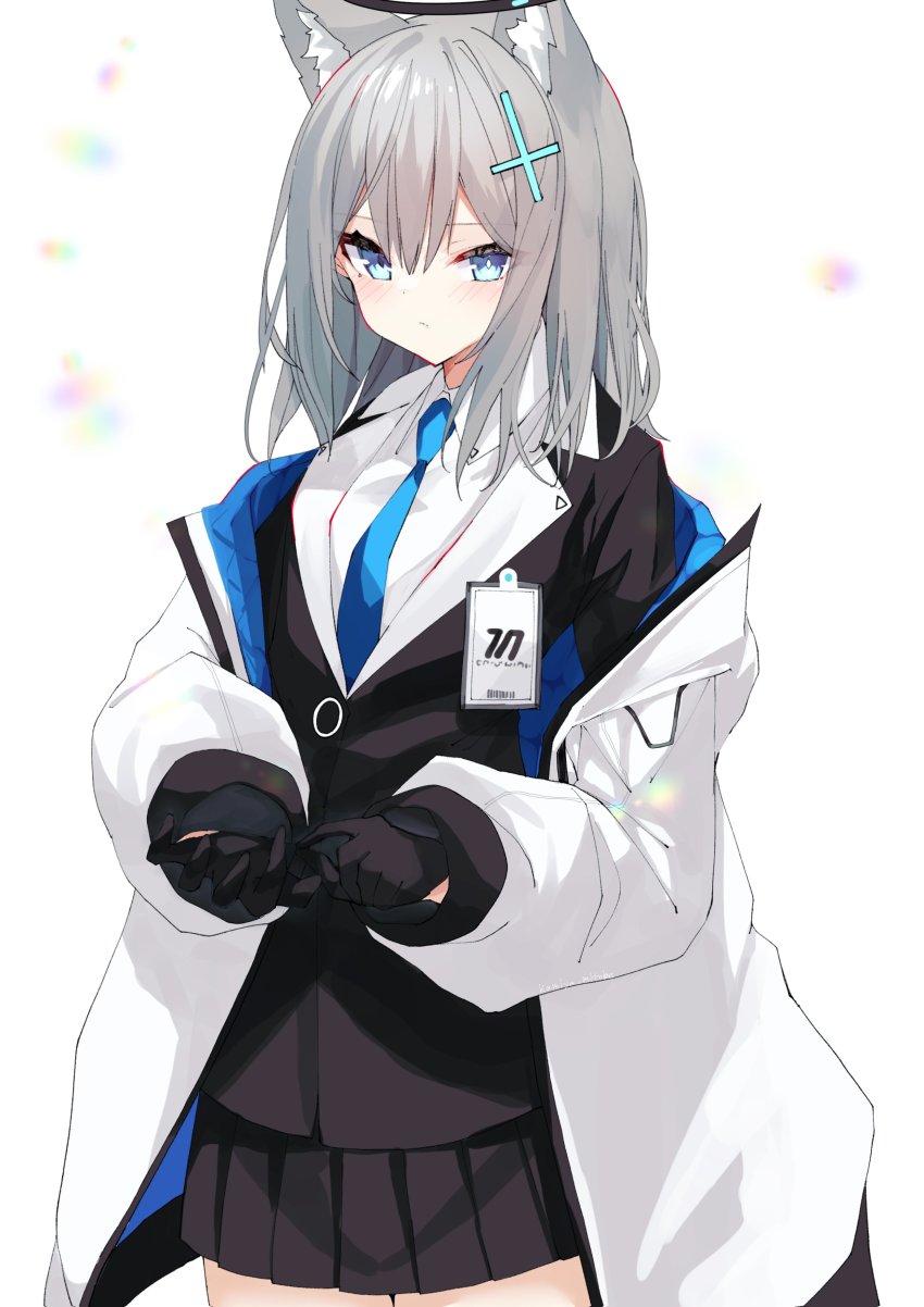 1girl absurdres animal_ear_fluff animal_ears blue_archive blue_eyes blue_necktie collared_shirt cross_hair_ornament extra_ears formal_clothes grey_hair hair_ornament halo highres id_card jacket kamiya_mitobe looking_at_viewer medium_hair miniskirt mismatched_pupils multicolored_jacket necktie off_shoulder open_clothes open_jacket pleated_skirt shiroko_(blue_archive) shirt skirt solo suit two-tone_jacket white_jacket white_shirt wolf_ears yuuka_(blue_archive)