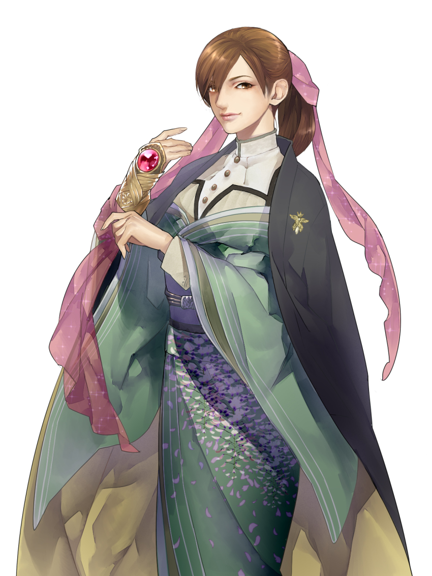 1girl brown_eyes brown_hair capcom company_connection devil_may_cry devil_may_cry_(series) devil_may_cry_4 female_focus hair_ribbon haori highres japanese_clothes kazari_tayu kimono kyrie_(devil_may_cry) lips lipstick long_hair makeup matching_hair/eyes nose official_art onimusha_soul ponytail ribbon simple_background smile solo standing white_background