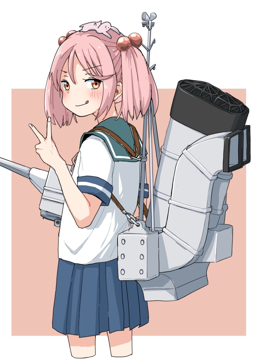 1girl absurdres animal animal_on_head blue_sailor_collar blue_skirt blush hair_between_eyes hair_bobbles hair_ornament highres kantai_collection looking_at_viewer on_head pink_hair pleated_skirt pok_(pok_0002) rabbit rabbit_on_head rigging sailor_collar sazanami_(kancolle) school_uniform serafuku short_sleeves short_twintails simple_background skirt solo twintails two-tone_background