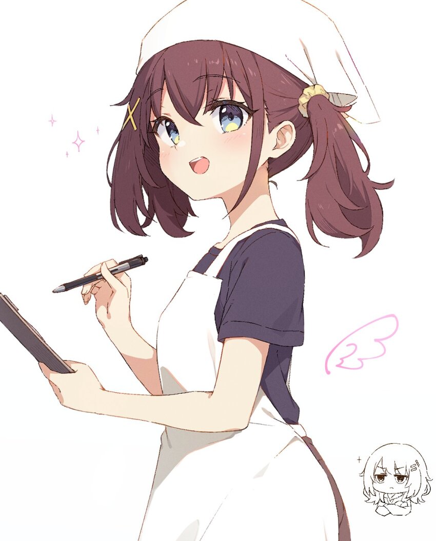 apron bandana black_shirt blue_eyes chibi clipboard cohiyuri commentary furutachi_kurea hair_ornament hair_scrunchie hibi_wa_sugiredo_meshi_umashi highres holding holding_clipboard holding_pen kawai_mako light_blush looking_at_viewer medium_hair open_mouth pen purple_hair scrunchie shirt smile solo_focus sparkle twintails waitress white_apron white_bandana x_hair_ornament yellow_scrunchie