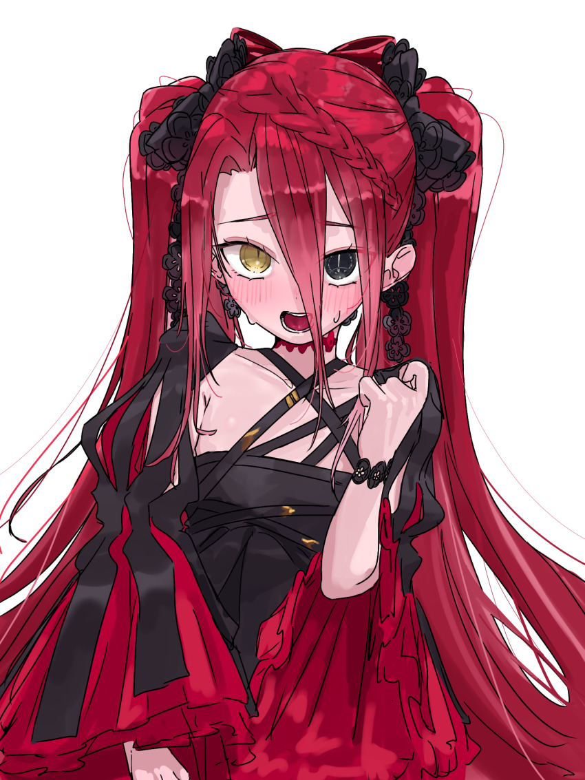 1girl black_dress black_eyes blush bow braid breasts choker collarbone dress fate/grand_order fate_(series) hair_between_eyes hair_bow heterochromia highres long_hair long_sleeves looking_at_viewer niwaikanai open_mouth puff_and_slash_sleeves puffy_sleeves red_hair small_breasts solo textless_version twintails typhon_ephemeros_(fate) typhon_ephemeros_(second_ascension)_(fate) very_long_hair wide_sleeves yellow_eyes