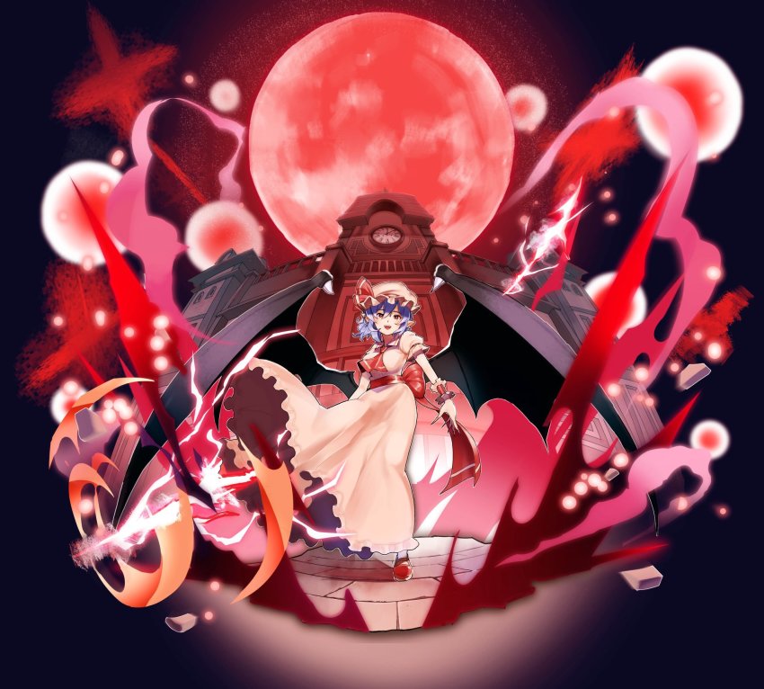 1girl ascot bat_wings black_wings bow center_frills clock clock_tower clothes_lift commentary_request cross danmaku dress dress_lift energy energy_ball fingernails foreshortening frilled_cuffs frilled_dress frilled_sleeves frills full_body full_moon gensokyo hair_between_eyes hat hat_ribbon highres hiragi_sage lightning long_dress mansion mob_cap moon nail_polish open_mouth pavement perspective pink_dress pointy_ears puffy_short_sleeves puffy_sleeves purple_hair railing red_ascot red_bow red_eyes red_footwear red_moon red_nails red_ribbon red_sash red_theme remilia_scarlet ribbon roman_numeral sash scarlet_devil_mansion sharp_fingernails short_hair short_sleeves sidelocks solo spear_the_gungnir teeth touhou tower upper_teeth_only very_long_fingernails wind wind_lift wings wrist_cuffs