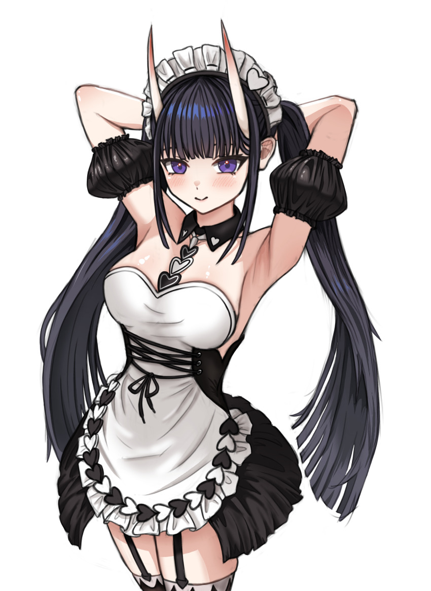 1girl absurdres apron armpits arms_behind_head arms_up azur_lane black_corset black_dress black_hair blush breasts corset demon_girl demon_horns detached_collar dress frilled_apron frills garter_straps highres horns long_hair looking_at_viewer maid_headdress medium_breasts noshiro_(azur_lane) noshiro_(hold_the_ice)_(azur_lane) oni pitza purple_eyes smile solo strapless strapless_dress twintails very_long_hair white_apron