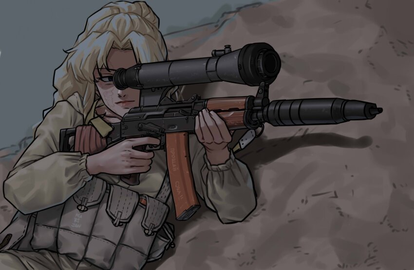 1girl 1pn58 aiming ammunition_pouch balalaika_(black_lagoon) black_lagoon blonde_hair gun highres kalashnikov_rifle light_machine_gun long_hair machine_gun mardjan military_combat_uniform military_uniform night_vision_device pouch rpk solo weapon