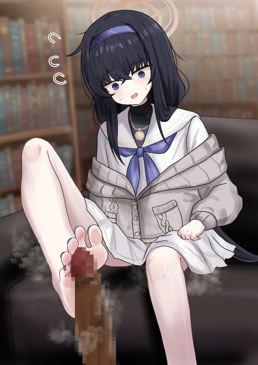 1girl absurdres barefoot black_hair blue_archive blue_eyes bookshelf couch feet footjob hairband highres light_blush long_hair lts_kakuyo open_mouth sitting soles steam toes ui_(blue_archive)