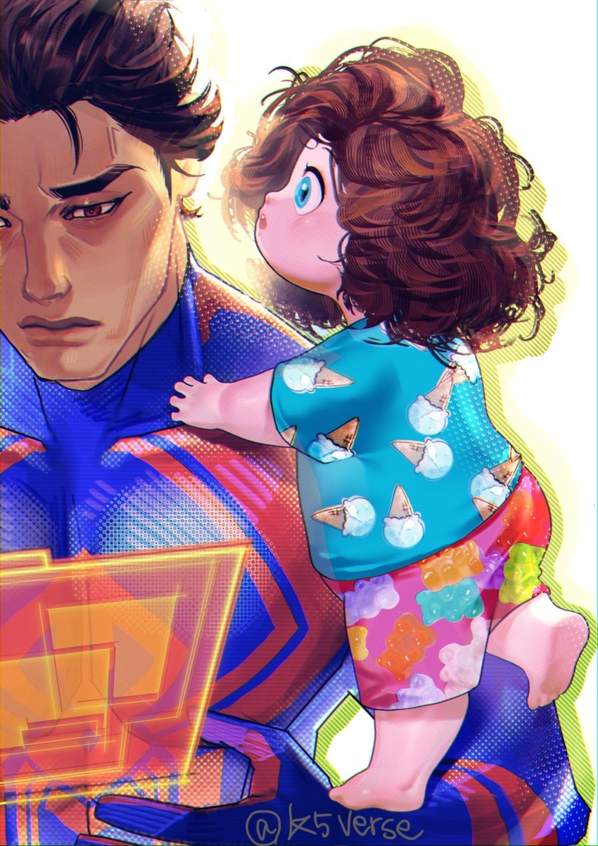 1boy 1girl animal_print black_hair blue_bodysuit blue_eyes blue_shirt bodysuit child dark-skinned_male dark_skin highres holographic_touchscreen k5verse large_pectorals looking_at_another marvel mayday_parker miguel_o&#039;hara muscular muscular_male pectorals pink_shorts red_bodysuit red_eyes shirt short_hair shorts spider-man:_across_the_spider-verse spider-man_(series) spider-verse spider_print twitter_username two-tone_bodysuit