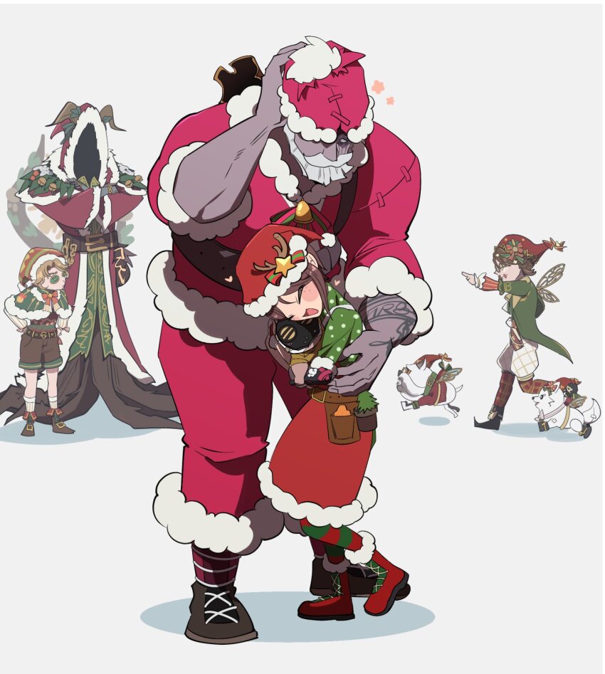 1girl 4boys :d apron arm_tattoo beard bell belt belt_pouch black_belt blonde_hair blue_eyes boots bow bowtie brown_belt brown_hair brown_shoes brown_shorts button_eyes buttons capelet christmas closed_eyes coat coattails colored_skin cross-laced_footwear cross-laced_shoes crossed_arms dog edgar_valden edgar_valden_(cozy_christmas_eve) emma_woods emma_woods_(xmas_ensemble) facial_hair fairy_wings father_and_daughter freckles full_body fur-trimmed_apron fur-trimmed_boots fur-trimmed_capelet fur-trimmed_headwear fur-trimmed_pants fur-trimmed_robe fur-trimmed_shirt fur-trimmed_sleeves fur_trim glasses green_bow green_capelet green_coat hands_on_own_hips hastur_(identity_v) hastur_(krampus)_(identity_v) hat highres horns hug identity_v imotu jingle_(identity_v) jingle_bell leo_beck leo_beck_(santa) long_sleeves monster_boy multicolored_legwear multiple_boys mustache neck_bell open_mouth pants pine_tree pointing pomeranian_(dog) pouch puffy_shorts purple_skin red_apron red_boots red_bow red_headwear red_pants red_robe red_shirt red_socks robe running santa_costume santa_hat shirt shoes short_hair shorts simple_background smile socks standing star_(symbol) stitched_mouth stitches striped_bow striped_clothes striped_socks tattoo tree two-tone_legwear victor_grantz victor_grantz_(christmas_messenger) white_hair white_socks wick_(identity_v) wings