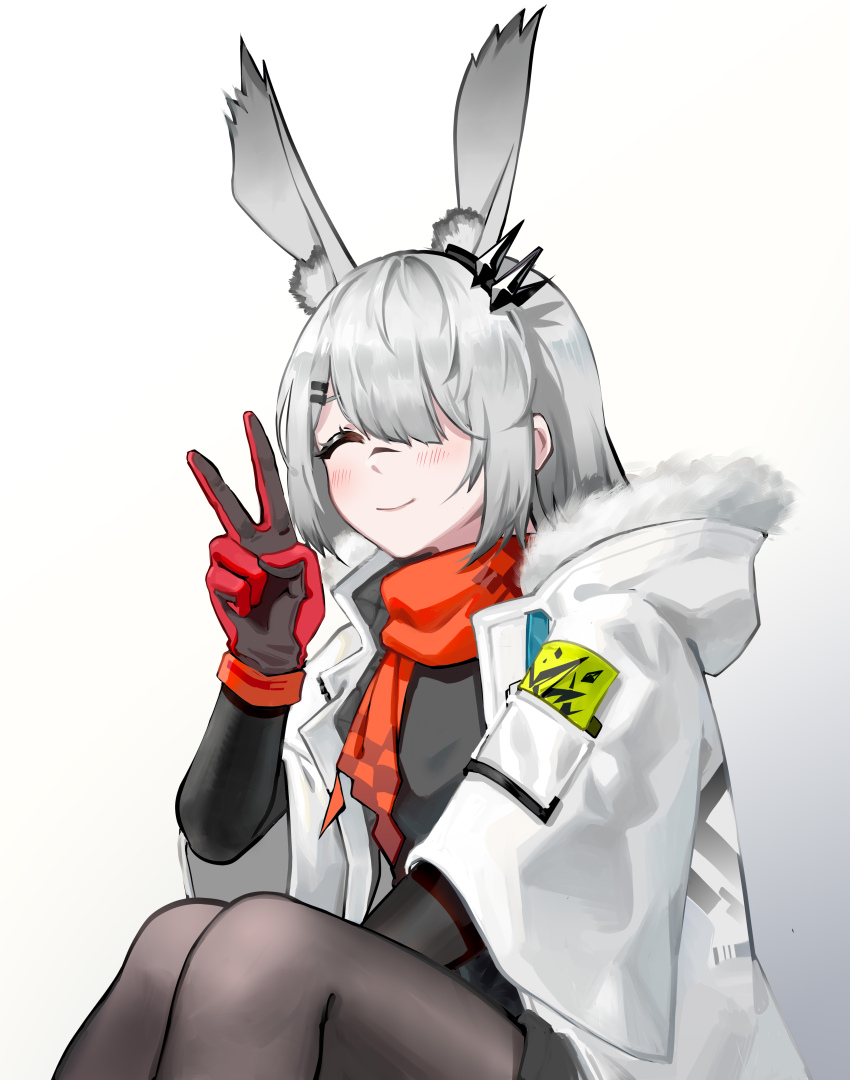 1girl absurdres animal_ear_fluff animal_ears arknights black_pantyhose black_shirt blush breasts closed_eyes closed_mouth extra_ears frostnova_(arknights) fur_trim gloves grey_hair hair_ornament hair_over_one_eye hairclip hand_up highres hood hooded_jacket jacket long_hair mr04 open_clothes open_jacket pantyhose rabbit_ears rabbit_girl red_gloves red_scarf scar scar_on_face scar_on_nose scarf shirt small_breasts smile solo v white_background white_jacket