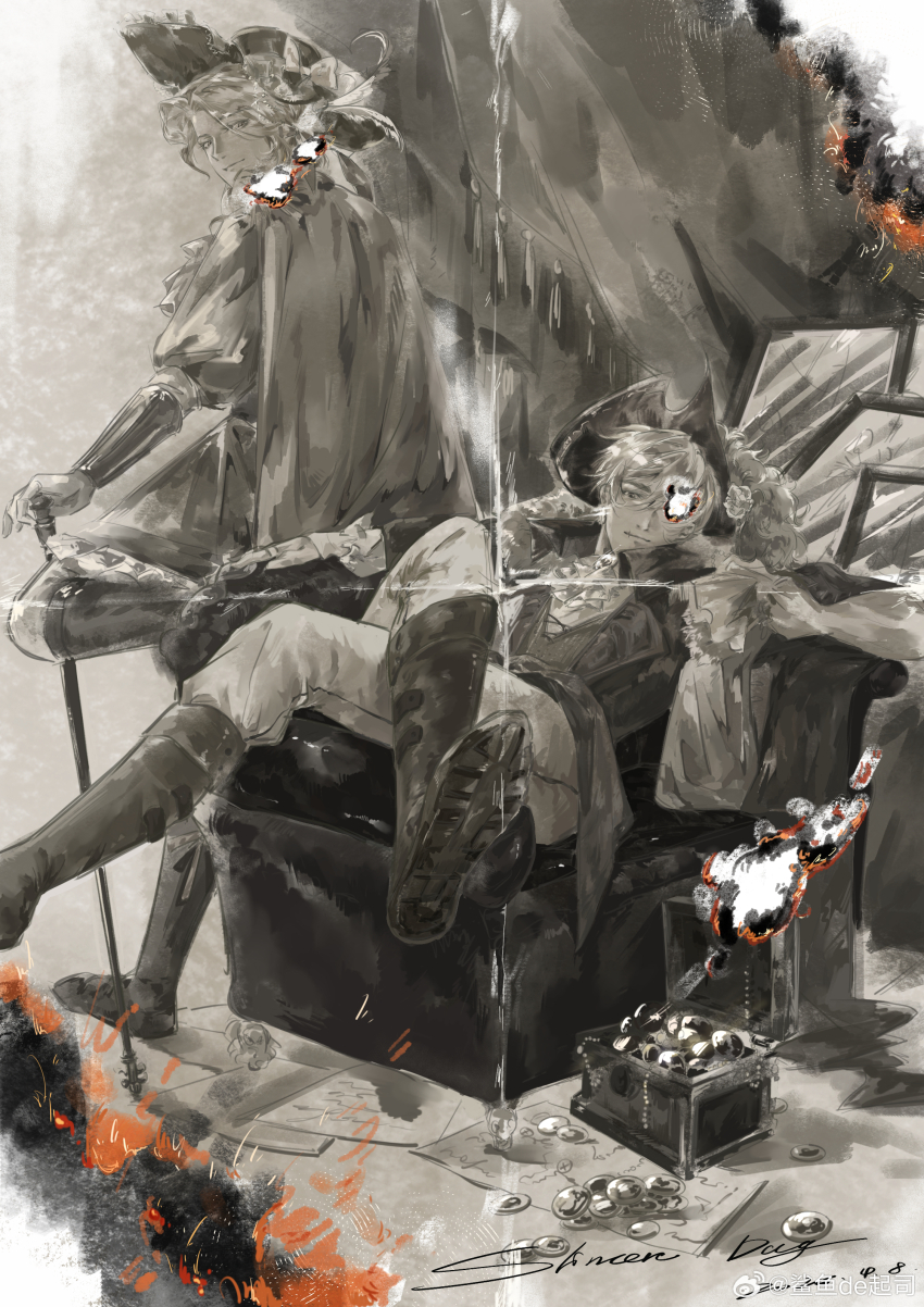 2boys absurdres axis_powers_hetalia bear270901 burning burning_photo cane cape chair coat france_(hetalia) hat highres holding holding_cane male_focus medium_hair multiple_boys on_chair pants plume sepia short_hair sitting smile thick_eyebrows united_kingdom_(hetalia)