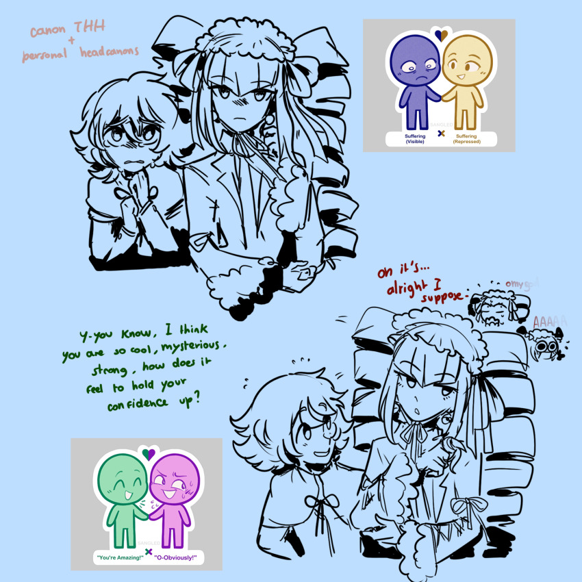 1boy 1girl :d :o blush celestia_ludenberg danganronpa:_trigger_happy_havoc danganronpa_(series) drill_hair earrings flipped_hair fujisaki_chihiro grey_background heart highres jewelry long_hair long_sleeves neck_ribbon necktie open_mouth ribbon short_hair smile sweat tears twin_drills twinklelitchii twintails