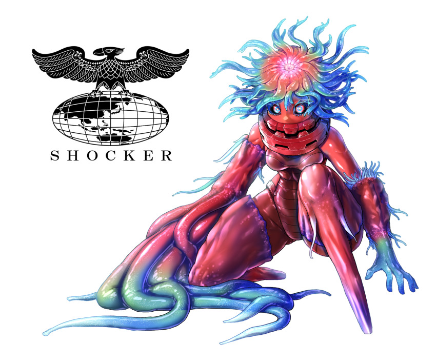 1girl black_sclera colored_eyelashes colored_sclera colored_skin commentary cyborg eidenjyou1997 english_commentary genderswap genderswap_(mtf) highres isoginchack kamen_rider kamen_rider_(1st_series) logo monster_girl red_eyes red_skin sea_anemone shocker_(kamen_rider) simple_background solo tentacle_arm tentacles transparent white_background