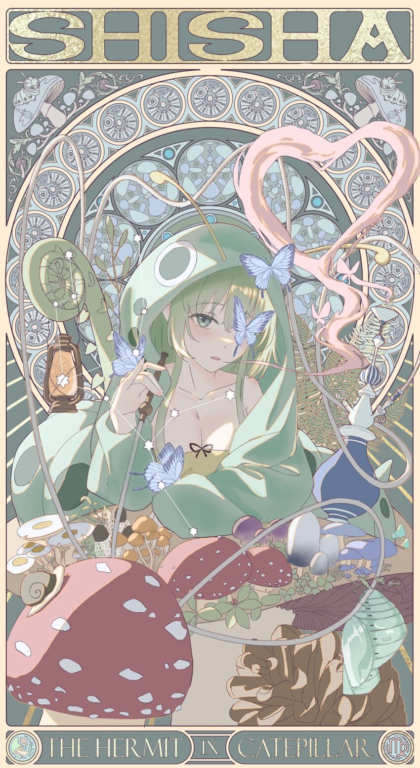 1girl absurdres animal_hood art_nouveau arthropod_girl black_souls black_souls_2 blowing_smoke blue_butterfly breasts bug butterfly card_(medium) caterpillar_girl character_name chxulozsx cleavage collarbone crossed_bangs english_text fiddlehead fly_agaric green_eyes green_hair green_jacket hair_between_eyes highres hood hood_up hooded_jacket hookah insect jacket long_hair long_sleeves looking_at_viewer medium_breasts mushroom oil_lamp open_clothes open_jacket open_mouth pinecone shisha_(black_souls) sidelocks smoke_heart smoking snail solo tarot tarot_(medium) the_hermit_(tarot) virgo_(constellation) virgo_(symbol)