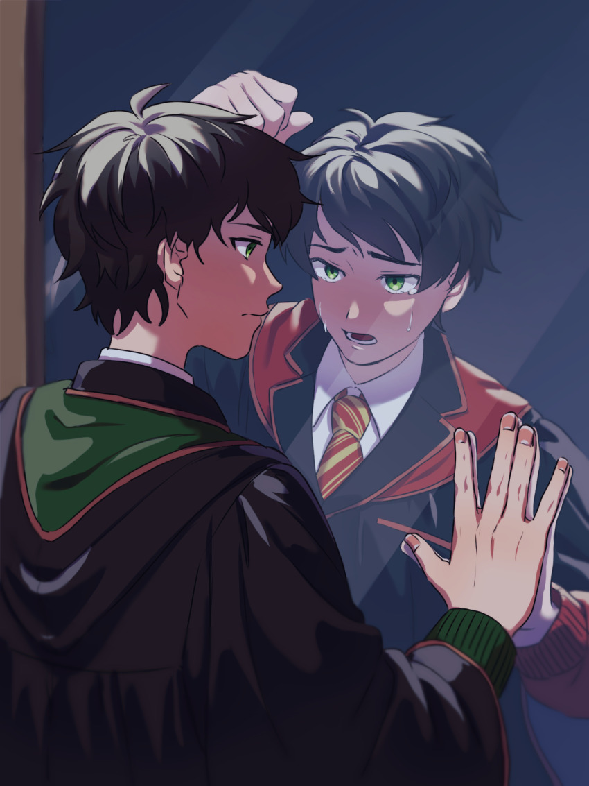 2boys albus_severus_potter black_hair black_robe different_reflection green_eyes gryffindor harry_potter_(series) harry_potter_and_the_cursed_child highres hogwarts_school_uniform mirror multiple_boys necktie reflection robe school_uniform short_hair slytherin striped_necktie tears wizarding_world yadu_yaichi811
