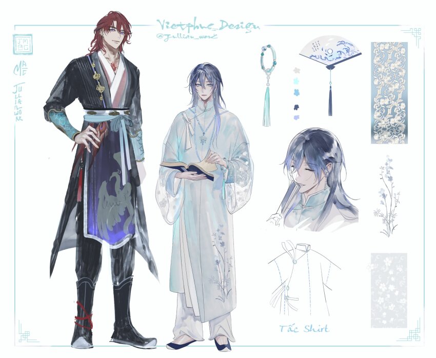 2boys beads changmingsuo china_dress chinese_clothes design_speculation dress folded_fan folding_fan hair_between_eyes hand_fan highres holding holding_fan jade_(gemstone) jullian_sama long_hair long_sleeves looking_at_viewer multiple_boys o-ring original paper_fan simple_background tassel uchiwa vietnam white_background