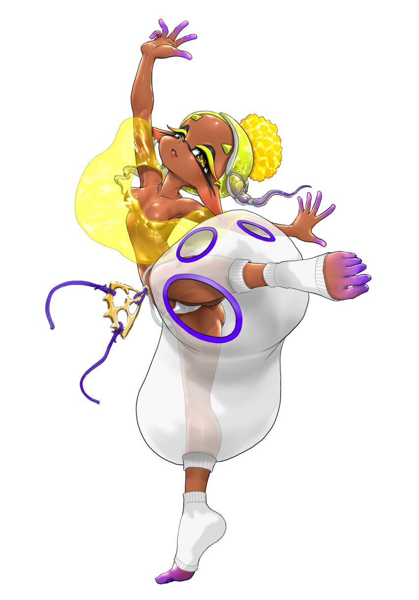 1girl arm_up ass belt blonde_hair breasts charm_(object) chinese_commentary colored_eyelashes colored_inner_hair dancing dark-skinned_female dark_skin domino_mask earrings eye_mask frye_(splatoon) gradient_hair hair_ornament harem_pants highres inkling jewelry koharu2.5 leg_lift looking_at_viewer mask medium_breasts multicolored_hair multiple_earrings nintendo no_bra no_shirt panties pants pantyshot parted_lips pointy_ears polka_dot polka_dot_hair pom_pom_(clothes) pom_pom_hair_ornament purple_hair purple_trim see-through_clothes see-through_poncho sideways_glance simple_background solo spiked_ear_piercing splatoon_(series) spread_fingers standing standing_on_one_leg star-shaped_pupils star_(symbol) string_panties symbol-shaped_pupils tentacle_hair tiptoes toeless_socks toes twintails underwear upturned_nose white_background white_belt white_hair white_panties yellow_eyes yellow_poncho yellow_pupils