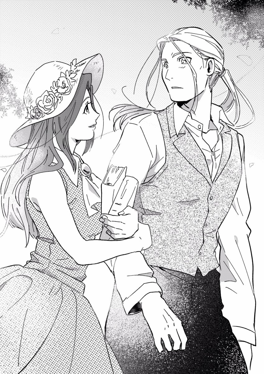 1boy 1girl aged_down arms_at_sides bare_arms bare_shoulders blush book carrying commentary_request couple dress eyelashes fingernails floating_hair flower fullmetal_alchemist greyscale happy hat hetero highres locked_arms long_hair long_sleeves looking_at_another monochrome moooooo80 parted_lips ponytail profile sleeveless smile trisha_elric van_hohenheim vest waistcoat