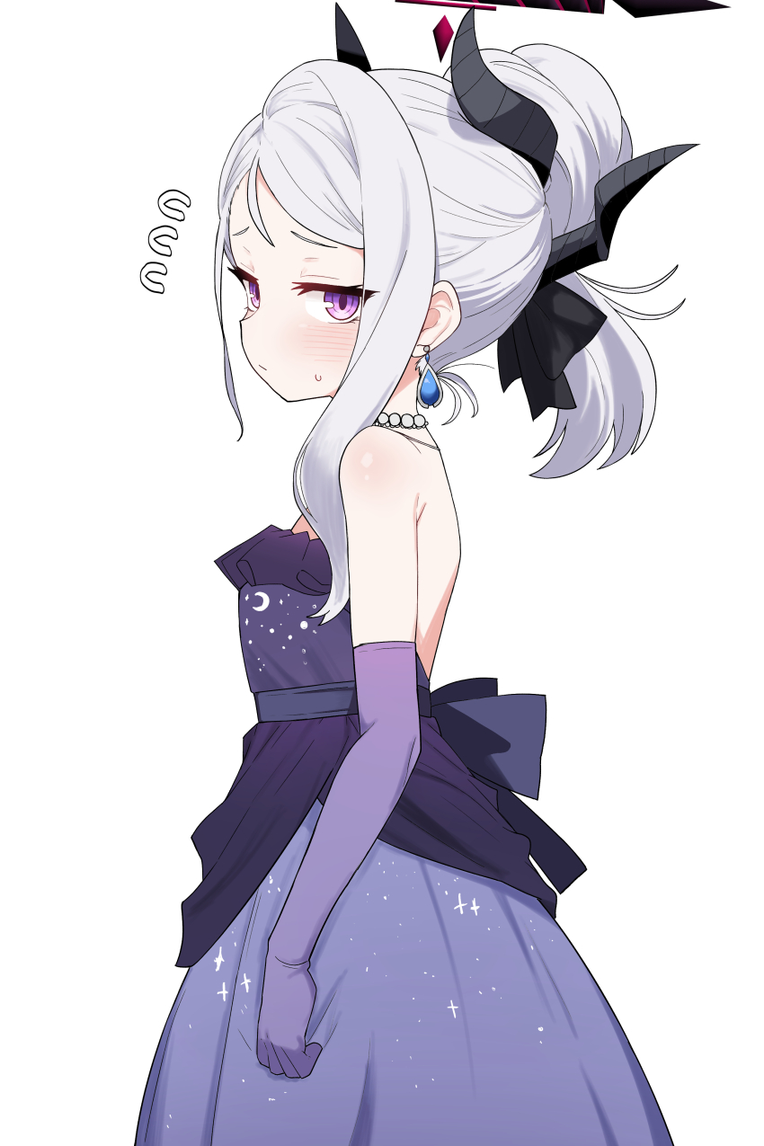 1girl absurdres bare_shoulders black_halo blue_archive commentary_request dress elbow_gloves gloves grey_hair halo highres hina_(blue_archive) hina_(dress)_(blue_archive) looking_at_viewer medium_hair official_alternate_costume purple_dress purple_eyes purple_gloves saho_4545 simple_background solo white_background