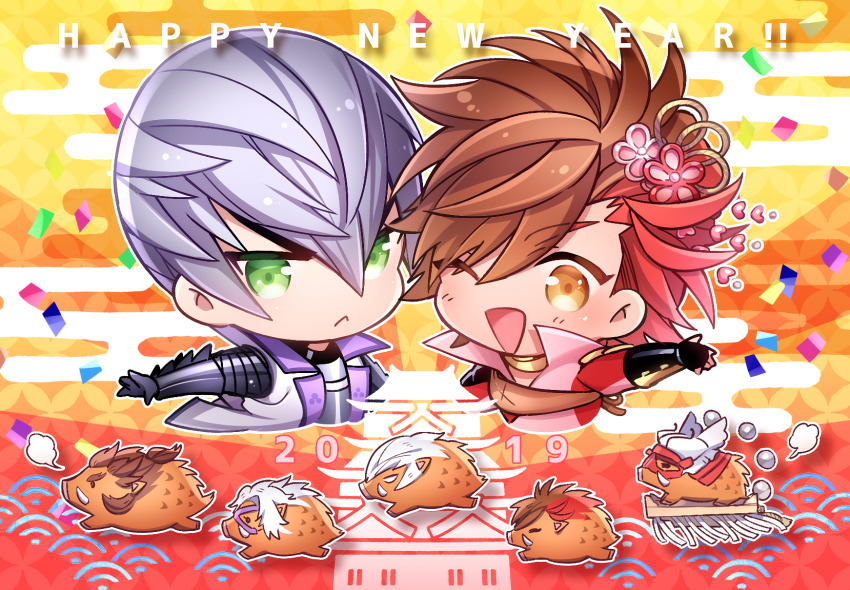 2019 2boys :&lt; :d animalization boar brown_hair chibi chibi_only confetti cropped_torso green_eyes grey_hair hair_between_eyes happy_new_year highres ishida_mitsunari_(sengoku_basara) kkkaaaayyy male_focus multicolored_hair multiple_boys new_year one_eye_closed ootani_yoshitsugu_(sengoku_basara) open_mouth red_hair sengoku_basara short_hair smile takenaka_hanbee_(sengoku_basara) toyotomi_hideyoshi_(sengoku_basara) two-tone_hair yellow_eyes