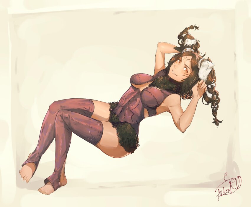 1girl animal_ears armor breasts brown_fur cleavage commission facial_mark fire_emblem fire_emblem_awakening full_body hair_around_ear highres large_breasts nintendo no_panties panne_(fire_emblem) purple_armor rabbit_ears rabbit_girl solo spindle_(aidenr0) string_belt taguel thighhighs