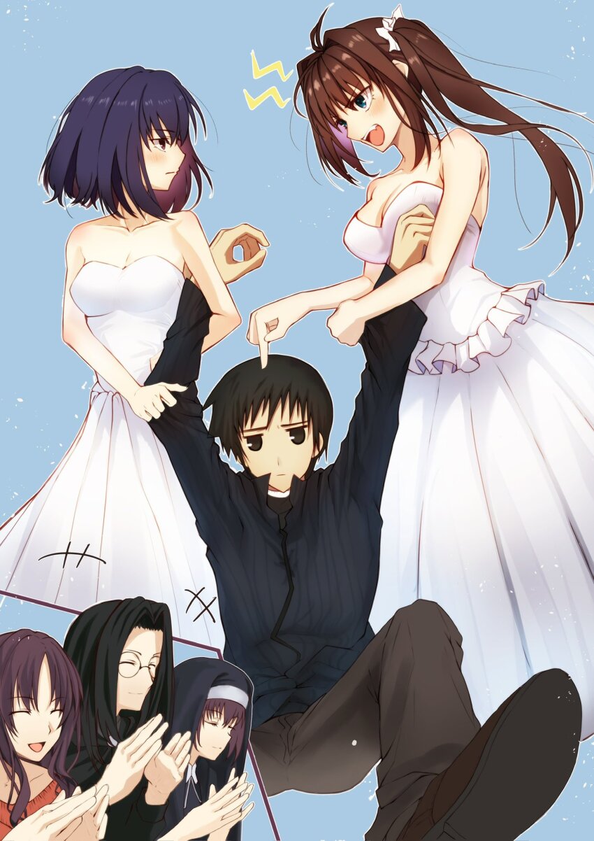 2boys 4girls alternate_costume alternate_hairstyle aozaki_aoko bare_shoulders black_dress black_eyes black_hair black_jacket blue_background blue_eyes blush breasts brown_eyes brown_pants cleavage closed_eyes closed_mouth commentary_request dress fumizuka_eiri glasses habit hair_ornament hair_scrunchie highres jacket kuonji_alice large_breasts long_hair mahou_tsukai_no_yoru medium_breasts multiple_boys multiple_girls nun open_mouth pants profile round_eyewear scrunchie shizuki_soujuurou short_hair siblings side_ponytail simple_background sisters smile strapless strapless_dress suse_ritsuka suse_yuika teeth toomishou twins upper_teeth_only veil wedding_dress white_dress white_scrunchie
