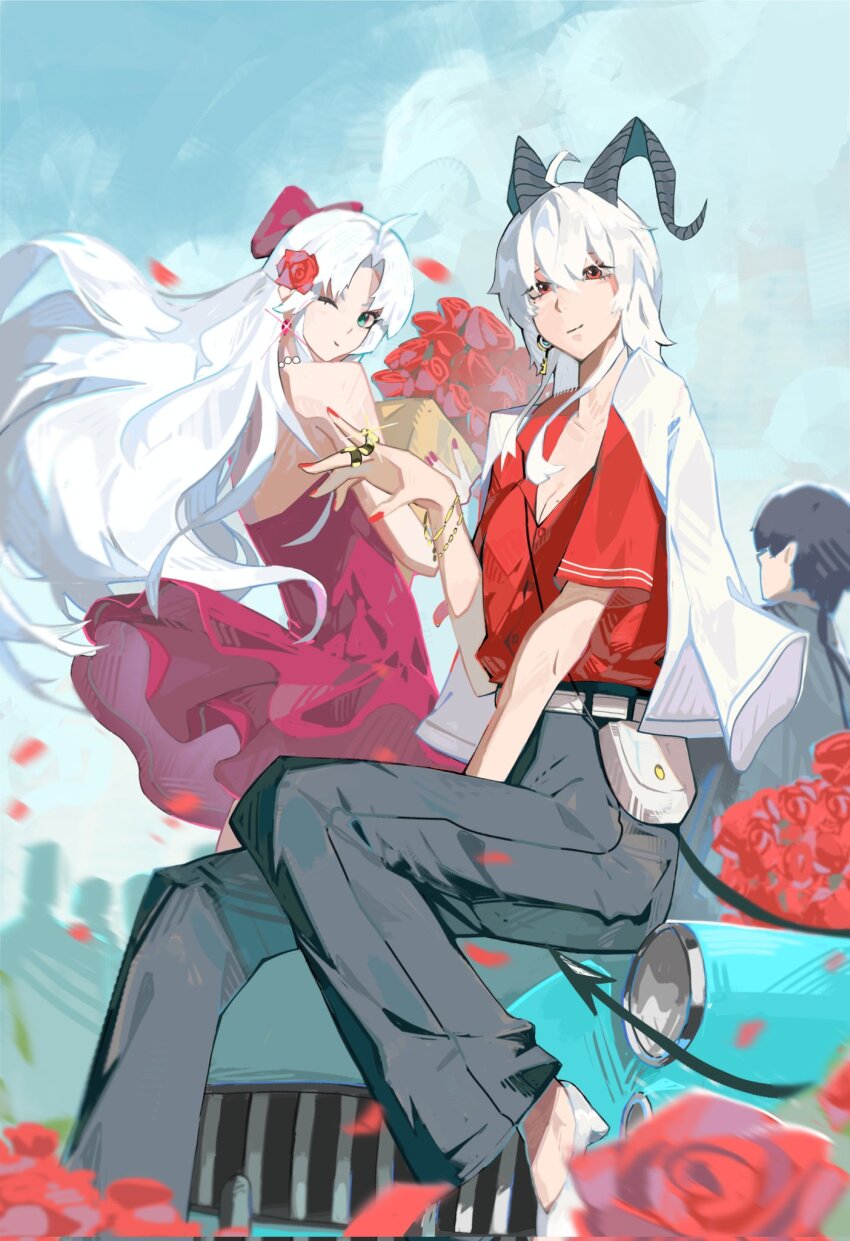 1boy 2girls ahoge alternate_costume aqua_eyes bare_shoulders black_horns black_pants black_tail bow car carlotta_(wuthering_waves) closed_mouth collarbone commentary corrupted_twitter_file curled_horns demon_tail dress earrings flower hair_between_eyes hair_flower hair_ornament highres horns jacket jacket_on_shoulders jewelry light_smile long_hair looking_at_viewer male_rover_(wuthering_waves) motor_vehicle multiple_girls nail_polish on_car one_eye_closed pants parted_bangs pink_bow pink_dress red_flower red_nails red_petals red_rose red_shirt rose rover_(wuthering_waves) shirt shirt_tucked_in shoes sitting symbol-only_commentary tail white_hair white_jacket white_shoes wuthering_waves yukee041230 zani_(wuthering_waves)