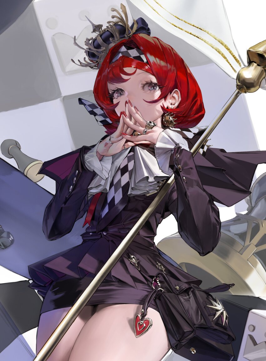 1girl absurdres bag black_skirt board_game checkered_flag chess chess_piece chessboard choehye16159872 cowboy_shot crown earrings flag from_below grey_eyes handbag heart highres jewelry long_sleeves looking_at_viewer mini_crown miniskirt multiple_rings nail_polish original pencil_skirt red_hair red_nails ring short_hair skirt solo steepled_fingers thighs