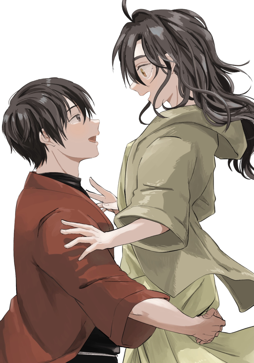 1boy 1other ahoge black_hair blush brown_eyes brown_hair buppii_buru carrying fumetsu_no_anata_e fushi happy happy_tears highres kahaku_(fumetsu_no_anata_e) lifting_person light_blush long_hair short_hair smile tears tunic wavy_hair yellow_eyes
