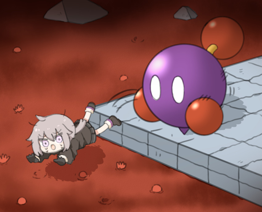 1girl :o ahoge black_gloves black_shoes black_skirt blank_eyes brown_jacket bubble chuckya commentary_request crossover crying crying_with_eyes_open girls&#039;_frontline gloves grey_hair hair_between_eyes imminent_death jacket lava long_hair long_sleeves m200_(girls&#039;_frontline) mario_(series) motion_lines nintendo open_mouth ponytail purple_eyes shoes skirt socks supaccha super_mario_64 tears thrown wavy_eyes