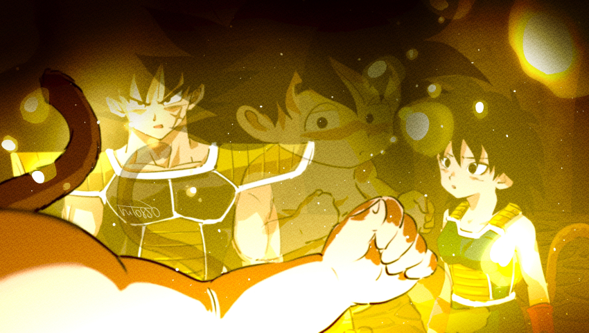 1girl 2boys armor baby bardock commentary_request convenient_censoring cross_scar dragon_ball dragon_ball_minus dragon_ball_super dragon_ball_super_broly facial_scar gine highres husband_and_wife multiple_boys nude pov pov_hands reflection ruto830 saiyan_armor scar scar_on_cheek scar_on_face shoulder_armor signature son_goku