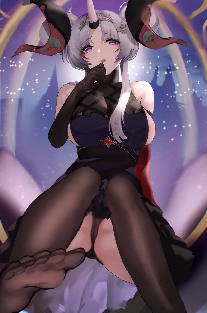 1girl azur_lane bare_shoulders black_gloves black_panties black_thighhighs blue_hair breasts cameltoe double_bun dress elbow_gloves gloves hair_bun hand_up highres horns huge_hair_bun keira_(hnosnthrn) large_breasts long_hair looking_at_viewer official_alternate_costume open_mouth panties purple_eyes single_horn sitting sleeveless sleeveless_dress solo thighhighs toes underwear watarase_(azur_lane) watarase_(garments_of_everlasting_magic)_(azur_lane)