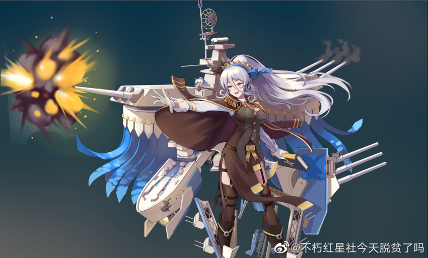 1girl 2girls blue_eyes blue_ribbon boots breasts buxiuhongxingshe_jintiantuopinlema cannon cape chibi epaulettes facial_tattoo firing full_body garter_straps gloves hair_between_eyes hair_ribbon hairband high_ponytail holding long_hair machinery military military_uniform mini_person minigirl multiple_girls open_mouth ponytail ribbon rigging ship_turret smile solo standing sword tattoo thighhighs warship_girls_r washington_(warship_girls_r) watermark weapon weibo_watermark white_gloves white_hair
