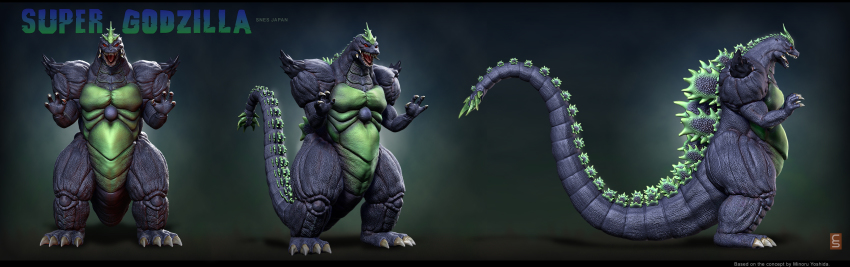 3d absurdres advance_communication_company colored_skin crest digiwip giant giant_monster godzilla godzilla_(series) green_skin highres kaiju monster muscular no_humans purple_skin red_eyes spiked_tail super_godzilla super_godzilla_(character) tail toho tusks