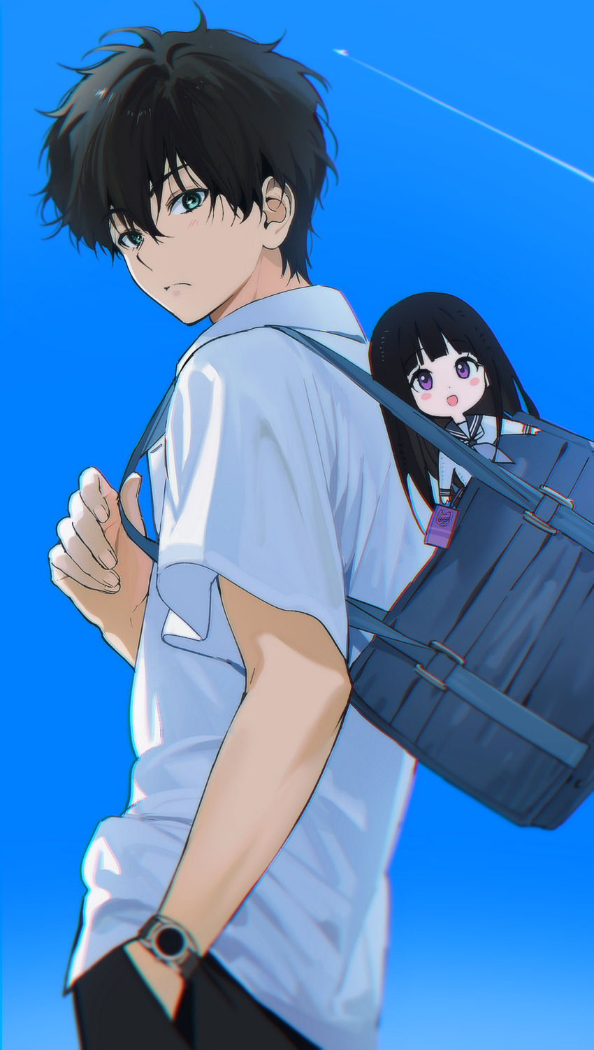 1boy 1girl :d absurdres artist_logo bag black_hair blush brown_hair chibi chitanda_eru commentary_request green_eyes hand_in_pocket highres hyouka kamiyama_high_school_uniform_(hyouka) logo long_hair looking_at_viewer mery_(yangmalgage) open_mouth oreki_houtarou purple_eyes school_bag school_uniform serafuku shirt short_hair short_sleeves shoulder_bag simple_background smile white_shirt
