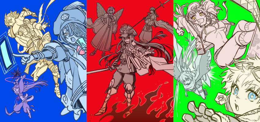 blue_background boots cape darkness fate/grand_order fate_(series) fire gloves goggles goggles_on_head green_background grin hair_over_one_eye halo haori hat hector_(fate) highres jacket japanese_clothes katana limited_palette mandricardo_(fate) misuke_(gyouran) mole mole_under_eye oberon_(fate) oda_nobunaga_(fate) oda_nobunaga_(koha-ace) ofuda okita_j._souji_(fate) okita_j._souji_(second_ascension)_(fate) okita_souji_(fate) over_shoulder pointing polearm ponytail red_background scarf sei_shounagon_(fate) sei_shounagon_(swimsuit_berserker)_(fate) sei_shounagon_(swimsuit_berserker)_(first_ascension)_(fate) smile spear sword taisui_xingjun_(fate) twintails voyager_(fate) voyager_(third_ascension)_(fate) weapon weapon_over_shoulder xu_fu_(fate)