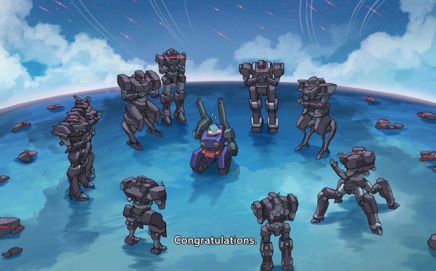 absurdres armored_core armored_core_vi:_fires_of_rubicon arthropod_limbs assault_visor cannon cloud confused debris gatling_gun gundam guntank highres mecha mecha_focus meme mobile_suit_gundam neon_genesis_evangelion no_humans omedetou!_(meme) parody robot sky zen_(jirakun)