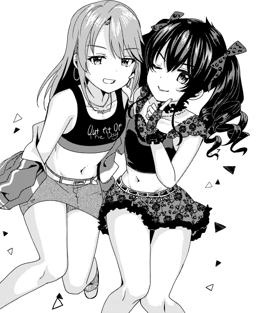 2girls ;p absurdres animal_print bad_id bad_pixiv_id belt bow clothes_writing commentary_request drill_hair earrings english_text fingerless_gloves floral_print gloves greyscale hair_bow hand_on_own_cheek hand_on_own_face highres ichiren_namiro idolmaster idolmaster_cinderella_girls index_finger_raised jacket jewelry lace lace_gloves lace_skirt leopard_print matoba_risa midriff monochrome multiple_girls navel necklace one_eye_closed print_bow print_gloves print_skirt skirt tank_top tongue tongue_out track_jacket twintails yuuki_haru