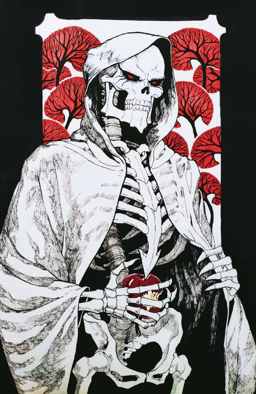1boy apple bitten_apple cloak food food_bite fruit greyscale_with_colored_background highres holding holding_food holding_fruit lich looking_at_viewer open_clothes overlord_(maruyama) propercybertron red_eyes skeleton solo white_cloak