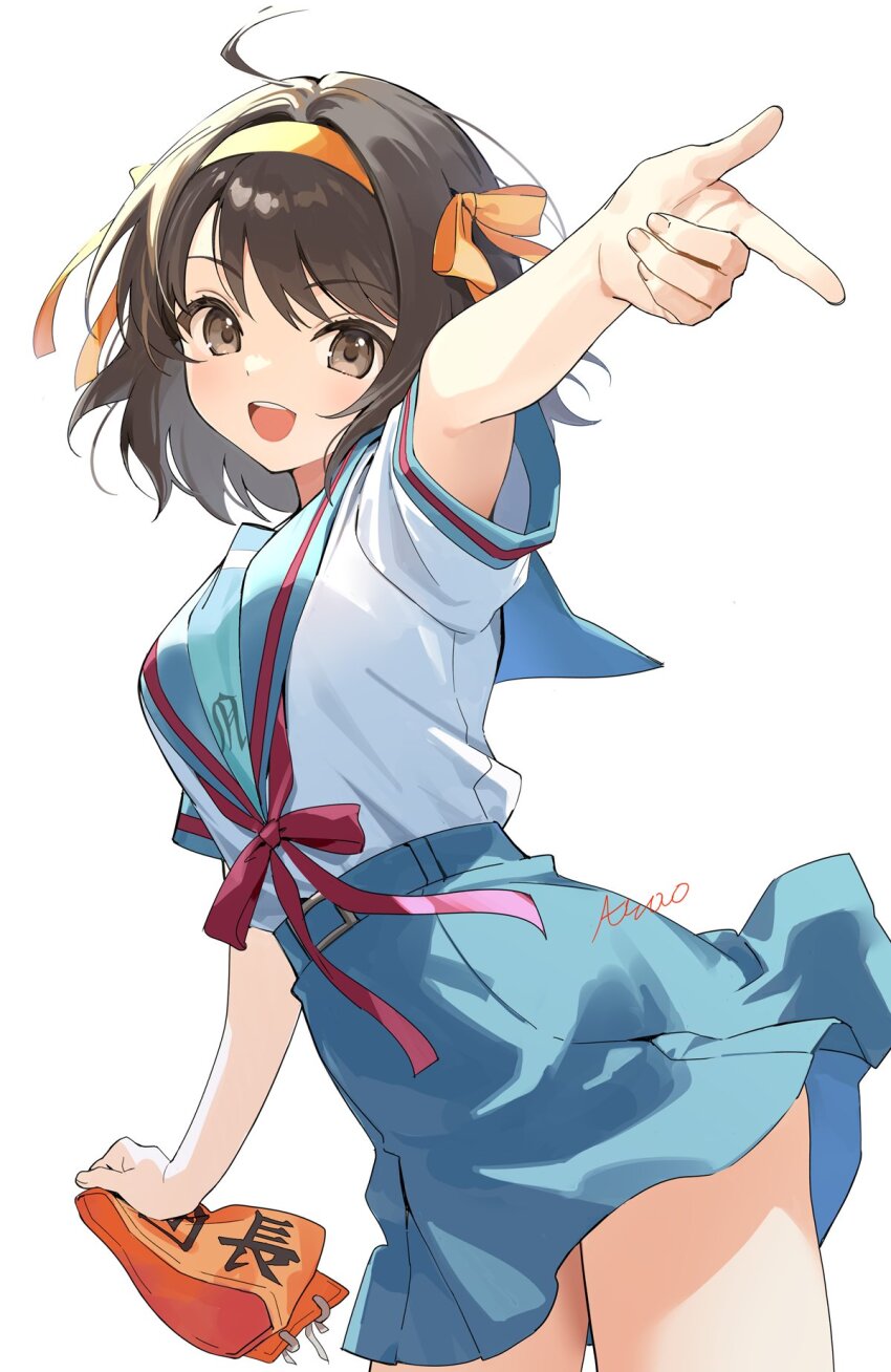 1girl :d ahoge armband blue_sailor_collar blue_skirt blush breasts brown_eyes brown_hair commentary hair_ribbon hairband highres holding holding_armband holding_unworn_clothes kita_high_school_uniform looking_at_viewer open_mouth pointing red_armband red_ribbon ribbon sailor_collar school_uniform serafuku short_sleeves simple_background skirt smile solo standing summer_uniform suzumiya_haruhi suzumiya_haruhi_no_yuuutsu teeth thighs tongue unworn_armband upper_teeth_only urata_asao white_background yellow_hairband yellow_ribbon