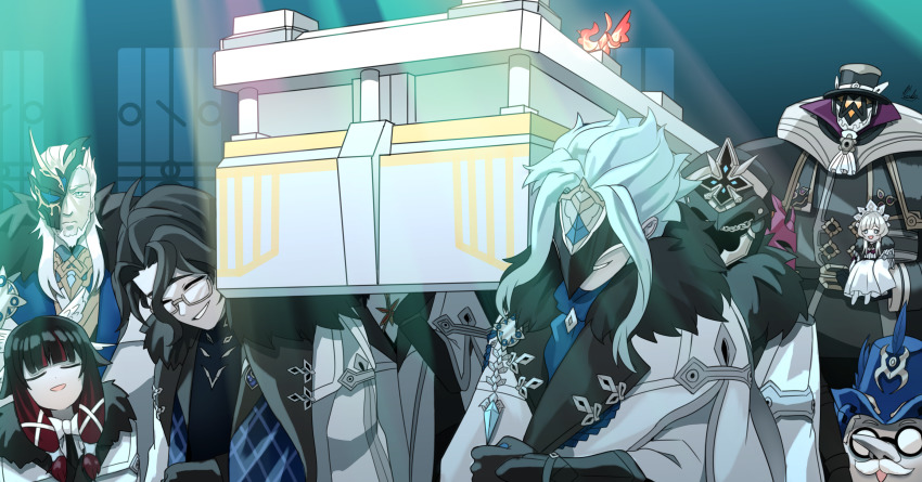arlecchino_(genshin_impact) assisted_carrying capitano_(genshin_impact) carrying casket columbina_(genshin_impact) dancing dancing_pallbearers_(meme) dottore_(genshin_impact) genshin_impact glasses hat highres kodineun_haengbokhada long_hair long_nose mask mask_on_head meme pantalone_(genshin_impact) pierro_(genshin_impact) pulcinella_(genshin_impact) sandrone_(genshin_impact) top_hat