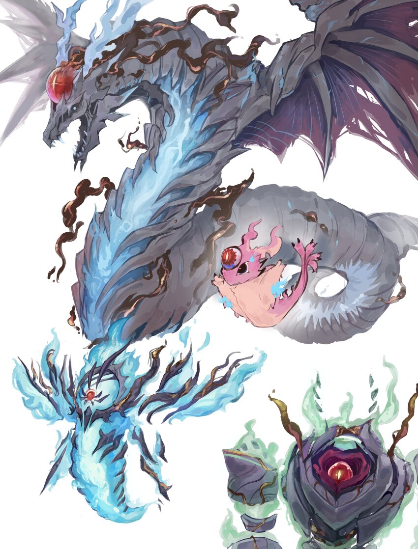 absurdres dragon duel_monster fire highres monster nbee_ya no_humans open_mouth simple_background snake-eye_ash snake-eyes_flamberge_dragon snake-eyes_oak snake-eyes_poplar white_background yu-gi-oh!