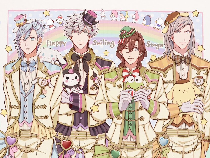 4boys ;) ahiru_no_pekkle animal_ear_headwear animal_ears aqua_eyes asymmetrical_bangs asymmetrical_hair belt belt_buckle belt_chain beret bird black_bow black_bowtie black_hat black_vest blonde_hair blue_bow blue_bowtie blue_eyes blue_hair blue_vest bow bowler_hat bowtie brooch brown_bow brown_bowtie brown_hair brown_hat buckle camus_(uta_no_prince-sama) carrying cat child_carry cinnamoroll closed_mouth collared_jacket collared_shirt cowboy_shot creature creature_on_shoulder crossover crown_(symbol) cup cup_on_head dog dress_shirt duck english_text fake_animal_ears flower_button frog gloves green_bow green_hat green_vest grey_eyes grey_hair hair_between_eyes hasunoue_keroppi hat hat_bow hat_ornament heart hello_kitty_(character) heterochromia highres holding holding_creature idol_clothes jacket jewelry kiki_(little_twin_stars) kotobuki_reiji kuromi kurosaki_ranmaru lala_(little_twin_stars) lapel_pin lapels long_sleeves looking_at_viewer male_focus mandarin_collar medium_hair mikaze_ai mini_hat mini_shako_cap multiple_boys my_melody notched_lapels on_shoulder one_eye_closed orange_bow orange_vest pants penguin plaid_bow plaid_bowtie plaid_clothes playing_card_hat_ornament pochacco pompompurin ponytail popogo_33 quartet_night rabbit red_bow red_bowtie red_eyes sanrio shako_cap shirt short_hair short_ponytail sleeve_cuffs smile spiked_hair star_(symbol) striped_clothes striped_vest swept_bangs teacup tuxedo_sam two-tone_bow two-tone_bowtie uta_no_prince-sama uta_no_prince-sama:_shining_live vertical-striped_clothes vertical-striped_vest vest waist_bow wavy_hair white_bow white_bowtie white_gloves white_shirt wolf_cut yellow_belt yellow_jacket yellow_pants