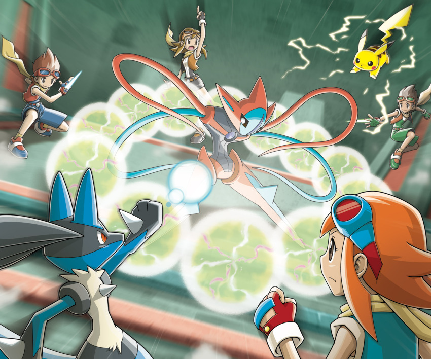 2boys 2girls alternate_color arm_up ben_(pokemon) black_gloves brown_eyes brown_hair closed_mouth deoxys deoxys_(attack) electricity energy_ball eyelashes fingerless_gloves gen_1_pokemon gen_3_pokemon gen_4_pokemon gloves goggles goggles_on_head green_gloves highres lucario medium_hair multiple_boys multiple_girls mythical_pokemon nintendo official_art open_mouth orange_hair pikachu pokemon pokemon_(creature) pokemon_ranger pokemon_ranger_3 red_eyes red_gloves saitou_kouki scarf shoes summer_(pokemon) third-party_source yellow_scarf