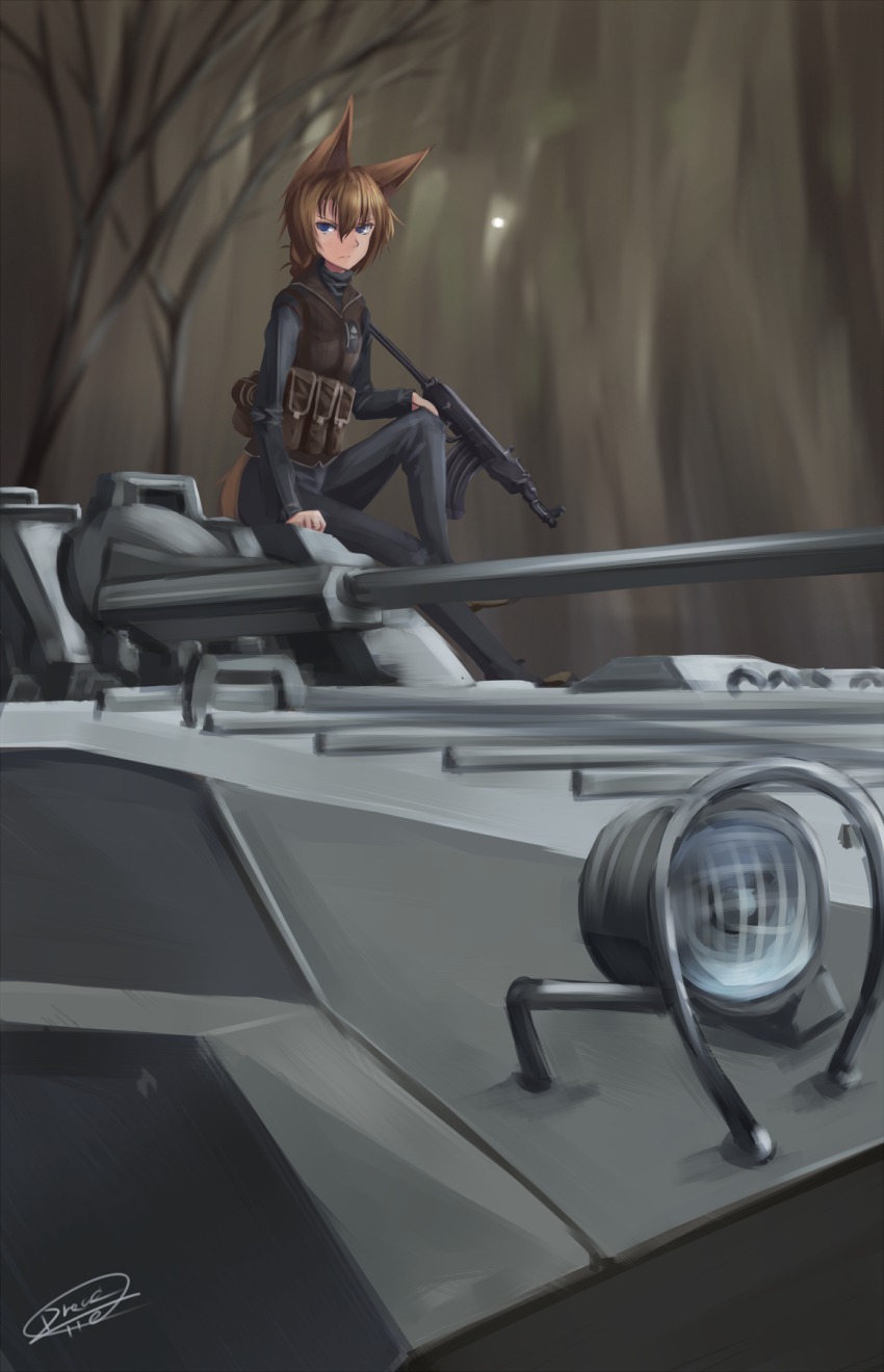 1girl ak-74 animal_ears armored_personnel_carrier armored_vehicle assault_rifle bad_id bad_pixiv_id blue_eyes bmp-2 braid brown_hair commentary dreadtie female_focus fox_ears gun highres kalashnikov_rifle load_bearing_vest long_hair looking_at_viewer military military_vehicle motor_vehicle original ranya rifle signature single_braid sitting solo svetlana_nestrovna_sorokina tail tree vehicle weapon