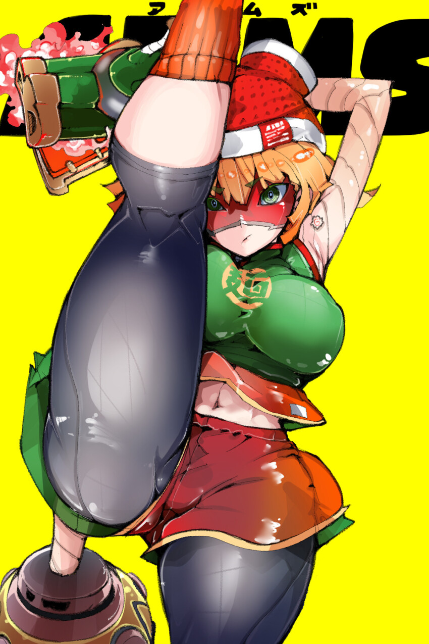 1girl arms_(game) beanie blonde_hair bob_cut domino_mask dragon_(arms) green_eyes hat high_kick highres kicking mask megawatt_(arms) midriff_peek min_min_(arms) navel one_leg_raised pantyhose pantyhose_under_shorts short_hair shorts solo standing standing_on_one_leg takayama_toshinori thick_thighs thighs yellow_background
