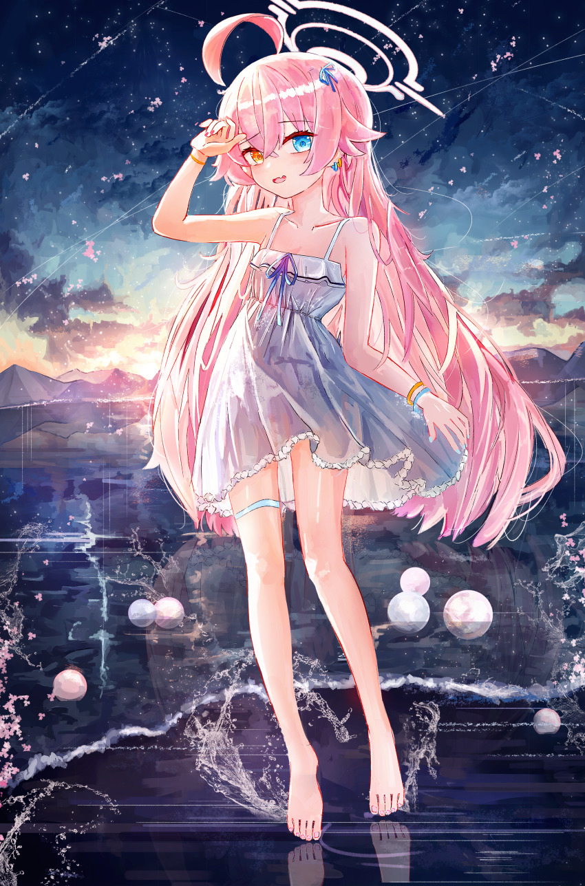1girl absurdres ahoge aiu_. arm_up bare_legs barefoot blue_archive blue_eyes dress frilled_dress frills full_body halo heterochromia highres hoshino_(blue_archive) huge_filesize loli long_hair looking_at_viewer open_mouth orange_eyes pink_hair pink_halo revision solo thigh_strap toes very_long_hair white_dress