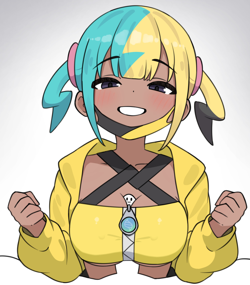 1boy 1girl absurdres arutemisu180 bandeau breasts canari_(pokemon) clenched_hands collarbone commentary grey_eyes grin half-closed_eyes happy hetero highres jacket looking_at_viewer mask mask_pull mouth_mask multicolored_hair nintendo open_clothes open_jacket paizuri pokemon pokemon_legends:_z-a short_twintails smile teeth twintails white_background yellow_bandeau yellow_jacket zipper zipper_pull_tab