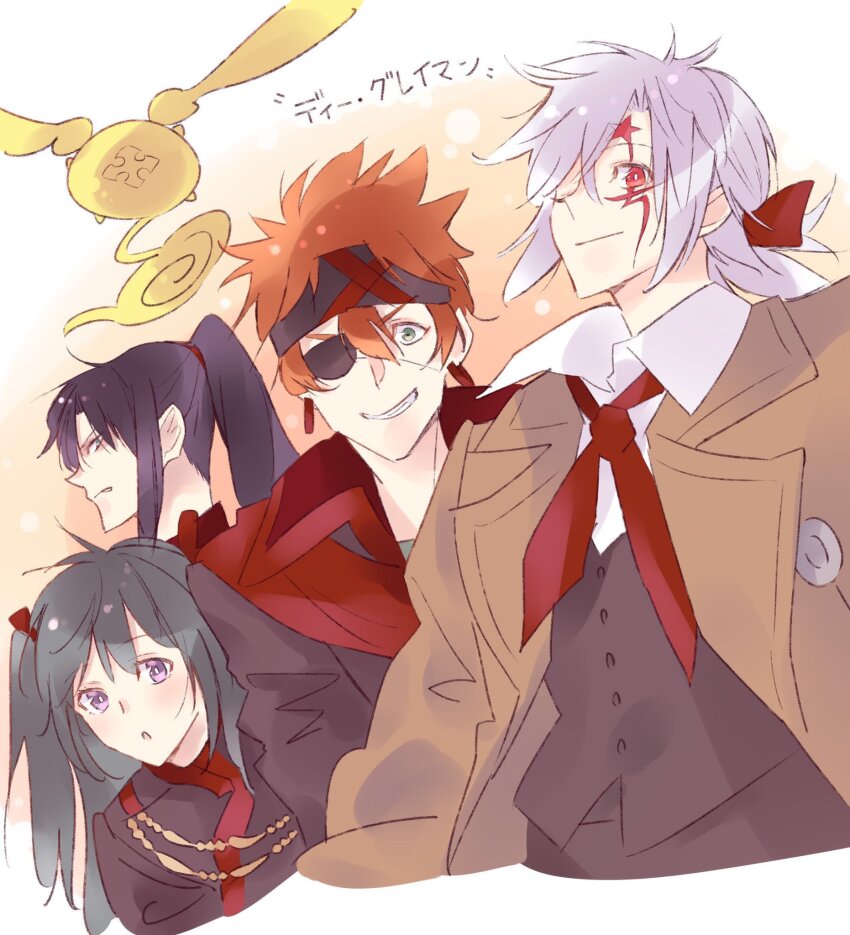 1girl 3boys allen_walker annoyed antenna_hair black_coat black_headband black_order_uniform black_pants black_vest blue_eyes brown_coat coat collared_coat collared_shirt creature d.gray-man earrings eyepatch facial_mark george_man golem_(d.gray-man) green_eyes green_hair hair_between_eyes hair_ribbon headband high_ponytail highres hoop_earrings jewelry kanda_yuu lavi lenalee_lee light_smile long_hair looking_at_another looking_at_viewer medium_hair military military_uniform multicolored_hair multiple_boys one_eye_closed open_mouth orange_hair pants ponytail purple_eyes purple_hair red_eyes red_ribbon red_scarf red_stripes ribbon scarf shirt short_hair short_ponytail sidelocks spiked_hair star_(symbol) star_facial_mark striped_coat tail teeth timcanpy trench_coat two-tone_hair vest white_hair white_shirt wings
