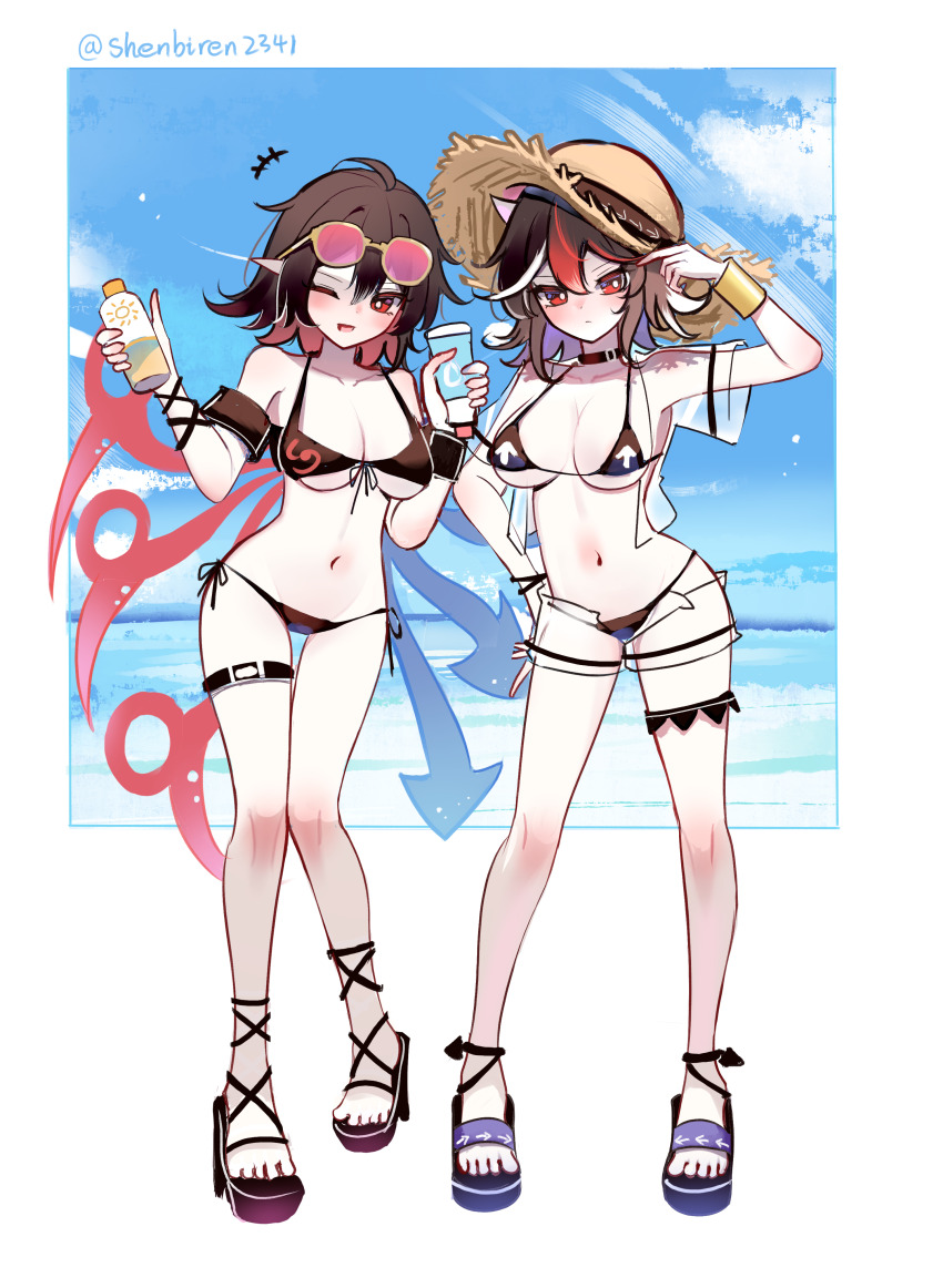 2girls absurdres arrow_print asymmetrical_wings beach bikini black_bikini black_choker black_sandals blue_sky blush bracelet breasts bright_pupils choker cloud collarbone colored_inner_hair commentary_request day eyewear_on_head front-tie_bikini_top front-tie_top full_body gold_bracelet hair_between_eyes hand_on_own_hip hand_up hands_up hat highres holding horns houjuu_nue jewelry kijin_seija looking_at_viewer lotion multicolored_hair multicolored_wings multiple_girls navel one_eye_closed open_mouth partial_commentary pointy_ears ribbon sandals see-through_clothes see-through_shirt see-through_shorts shen_bi_ren_(user_rjgy2824) shirt short_hair shorts side-tie_bikini_bottom sky smile standing stomach straw_hat streaked_hair sunglasses sunscreen swimsuit thigh_strap touhou twitter_username two-tone_hair white_horns white_pupils wings wrist_ribbon